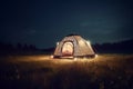 Trip concept - illustration of a luminated tent in the moddile of a field at night. Generative AI Royalty Free Stock Photo