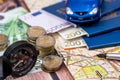 map, compass, passport and euro money. Royalty Free Stock Photo