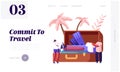 Trip Experience, Journey Website Landing Page, Tiny Characters Take Out Traveling Accessories from Huge Suitcase after Vacation