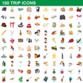 100 trip icons set, cartoon style Royalty Free Stock Photo
