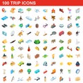 100 trip icons set, isometric 3d style