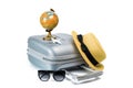 Trip isolated. Womens accessories traveler: suitcase, straw hat, sunglasses, toy plane and globe isolated on white background with Royalty Free Stock Photo
