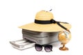 Trip isolated. Womens accessories traveler: suitcase, straw hat, sunglasses, toy plane and globe isolated on white background with Royalty Free Stock Photo