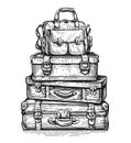 Trip and journey luggage bags heap isolated. Pile of travel baggage stacked. Suitcases sketch vector illustration
