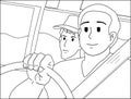 Trip, journey. Two young guys are driving in a car on the road. Vector black and white flat