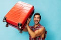 Trip man happy flight suitcase travel journey traveler background vacation baggage studio Royalty Free Stock Photo