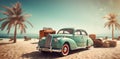 trip road tropical vintage travel summer retro car beach vacation. Generative AI. Royalty Free Stock Photo