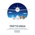 Trip to India. Tourism. Travelling illustration. Modern flat design. Travel by airplane, vacation, adventure, trip.