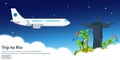 Trip to Rio. Tourism. Travelling illustration. Modern flat design. Travel by airplane, vacation, adventure, trip.