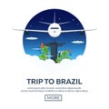 Trip to Rio. Tourism. Travelling illustration. Modern flat design. Travel by airplane, vacation, adventure, trip.