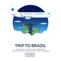 Trip to Rio. Tourism. Travelling illustration. Modern flat design. Travel by airplane, vacation, adventure, trip.