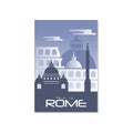Trip to Rome, travel poster template, touristic greeting card, vector Illustration for magazine, presentation, banner