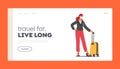 Trip, Travel Landing Page Template. Female Tourist Character in Mask with Luggage Wait Boarding on Airplane in Airport