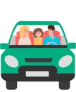 Trip, travel. Loving husband, wife, daughter. Happy family. They drive in a green car. Vector flat, white background