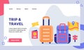 Trip and travel suitcase backpack concept campaign for web website home homepage landing page template banner with flat