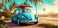 trip tropical vintage road vacation travel summer car retro beach. Generative AI.