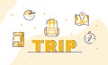trip typography word art background of icon backpack compass pointer location map earth plane with outline style