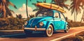 vacation travel road summer retro tropical trip vintage beach car. Generative AI. Royalty Free Stock Photo