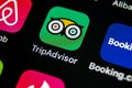 Tripadvisor application icon on Apple iPhone X screen close-up. Tripadvisor.com app icon. Social media network. Social media app