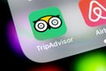 Tripadvisor application icon on Apple iPhone X screen close-up. Tripadvisor.com app icon. Social media network. Social media app