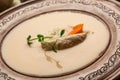 Tripe, Brain soup, iskembe corbasi, turkish traditional hangover cure. Cheese cream soup with sliced cheese. Food recipe Royalty Free Stock Photo