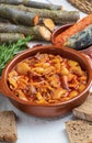 Tripes in clay pot. Top view. Rustic appearance. Callos a la MadrileÃÂ±a