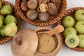 Triphala (thai name) means three fruits contain Terminalia belerica (Gaertn.) Roxb.), Terminalia chebula Retz. and Phyllanthus emb Royalty Free Stock Photo