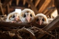 triple barn owls baby animal in the nest under the barn roof, close-up,ai generated