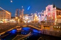 Triple bridge, illuminated for New Years celebration, Ljubljana, Slovenia Royalty Free Stock Photo