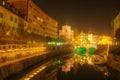 The Triple Bridge over the Ljubljanica River in the city center of Ljubljana and Franciscan church - night picture Royalty Free Stock Photo