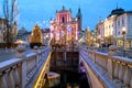 Triple bridges, Christmas tree on Preseren`s square and Franciscan church, illuminated for Christmas and New Year`s celebration, Royalty Free Stock Photo