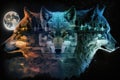 triple exposure of wolf, night sky, and full moon