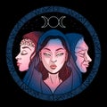 Triple goddess as Maiden, Mother and Crone, beautiful woman, symbol of moon phases. Hekate, mythology, wicca, witchcraft. Vector