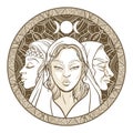 Triple goddess as Maiden, Mother and Crone, beautiful woman, symbol of moon phases. Hekate, mythology, wicca, witchcraft. Vector