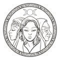 Triple goddess as Maiden, Mother and Crone, beautiful woman, symbol of moon phases. Hekate, mythology, wicca, witchcraft. Vector