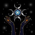 Triple Goddess pagan symbol and hands holding an inverted pentacle