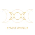 Triple Goddess sign. Hecate. Goddess of the moon. Symbol witch in gold color on white background. Line art. Esoteric, sacred