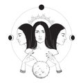 Triple lunar Goddess Hecate ancient Greek mythology hand drawn black and white isolated vector illustration. Blackwork, flash