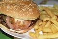 Triple meaty delicious hamburger with nice fries Royalty Free Stock Photo