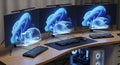 Triple monitor setup with holographic display and gaming pc for advanced computing and visualization Royalty Free Stock Photo