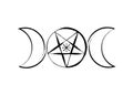 Triple Moon Goddess Wicca Pentacle symbol, pagan witchcraft icon in brush stroke style. Vector isolated on white background