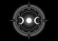Triple moon mystic icon Sacred Geometry Wicca sign, radial rays symbol, concept of moonlight, logo Mandala Goddess tattoo of white