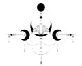 Triple Moon, Sacred Geometry, mystical arrows and crescent moon, Sacral Lotus Flower, dotted lines in boho style, wiccan icon