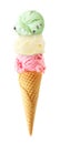 Triple scoop ice cream cone isolated on a white background Royalty Free Stock Photo