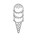 Triple scoop ice cream with sprinkles on sugar cone line art outline cartoon illustration.