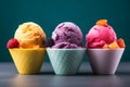 Triple scoops of colorful sorbet in dessert bowls Royalty Free Stock Photo