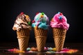 Triple scoops of ice cream in colorful cones Royalty Free Stock Photo