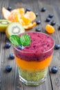 Triple smoothie in glass: kiwi-mint, mandarin-apricot and strawberry-blueberry Royalty Free Stock Photo