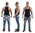 Triple view of bodybuilder: back, front, side