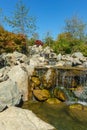 Triple waterfall splits into three streams in Japanese garden. Public landscape park of Krasnodar or Galitsky Park Royalty Free Stock Photo